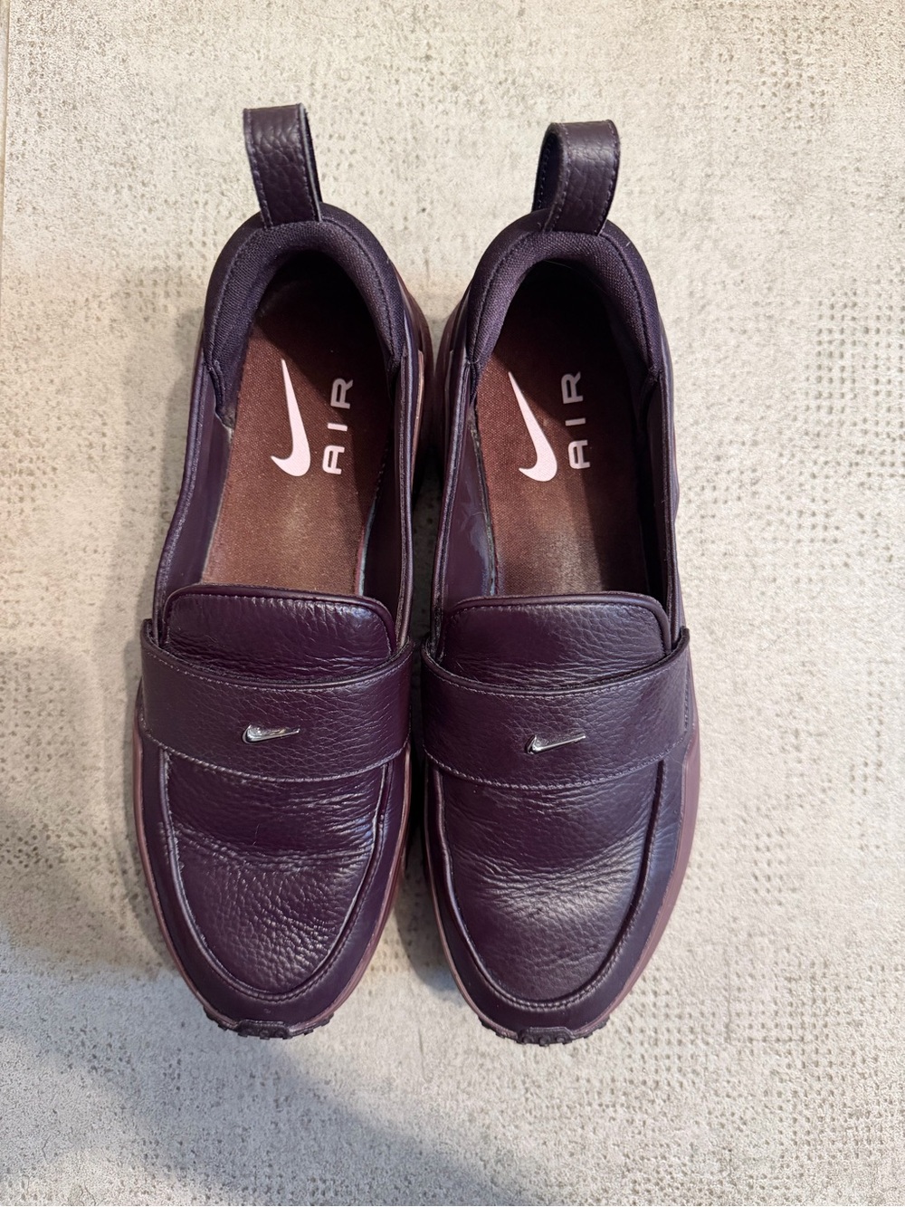 Nike Women’s Slip-On Loafers in Deep Plum with Silver Swoosh